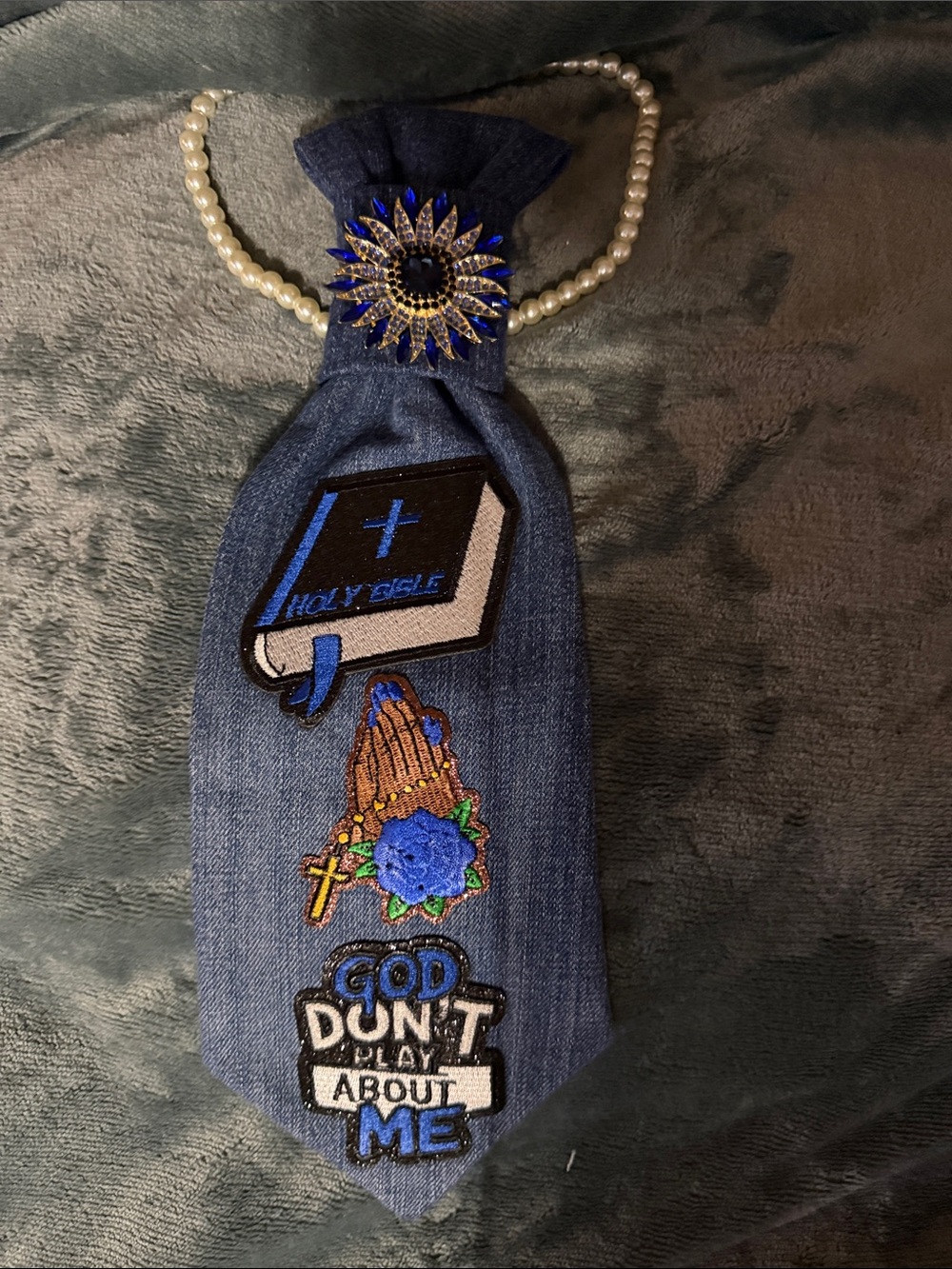 Men's Denim Religious Patch Tie in Blue